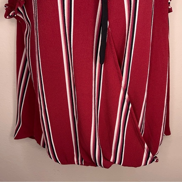 Medium Burgundy Red Striped Blouse Ruffle Accent Tie Neckline Accent Sleeveless - Picture 3 of 13